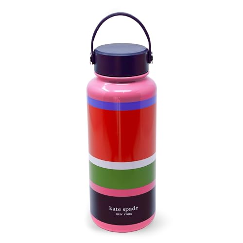 Kate Spade New York Large Insulated Stainless Steel Water Bottle, 33 Ounce Metal Water Bottle, Double Wall Travel Tumbler with Lid (Sunny Day Stripe) - Image 1