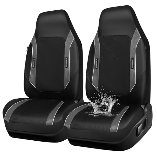 CAR PASS High Back Car Seat Cover Two Front Seats Sporty Carbon Fiber 3D Waterproof Oxford Luxury Leather All Weather Bucket Seat Cover Airbag Compatible Universal Fit Car Suv Sedan Truck Black Gray - Image 1