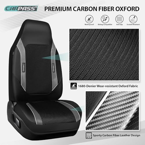 CAR PASS High Back Car Seat Cover Two Front Seats Sporty Carbon Fiber 3D Waterproof Oxford Luxury Leather All Weather Bucket Seat Cover Airbag Compatible Universal Fit Car Suv Sedan Truck Black Gray - Image 3