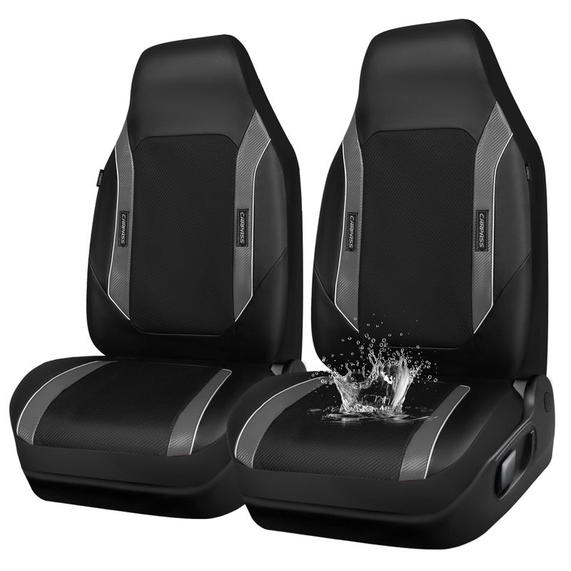 CAR PASS High Back Car Seat Cover Two Front Seats Sporty Carbon Fiber 3D Waterproof Oxford Luxury Leather All Weather Bucket Seat Cover Airbag Compatible Universal Fit Car Suv Sedan Truck Black Gray - Image 2