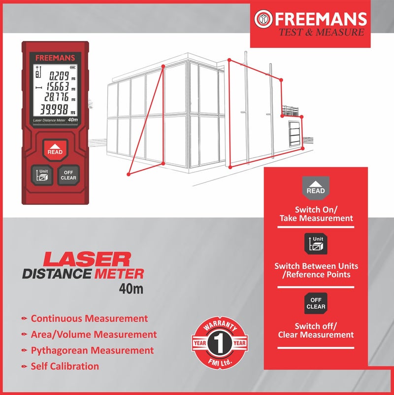 FREEMANS PROECO-L40 40m Laser Distance Meter with Area, Volume, Pythagorean Measurement and Self-Calibration Function, Carry Bag and Batteries Included, Best Suitable for Indoor Measurements - Image 2