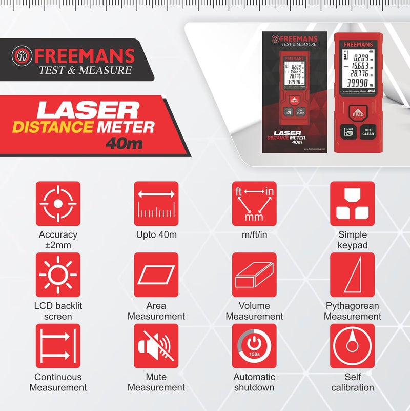 FREEMANS PROECO-L40 40m Laser Distance Meter with Area, Volume, Pythagorean Measurement and Self-Calibration Function, Carry Bag and Batteries Included, Best Suitable for Indoor Measurements - Image 3