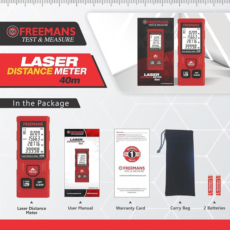 FREEMANS PROECO-L40 40m Laser Distance Meter with Area, Volume, Pythagorean Measurement and Self-Calibration Function, Carry Bag and Batteries Included, Best Suitable for Indoor Measurements - Image 4