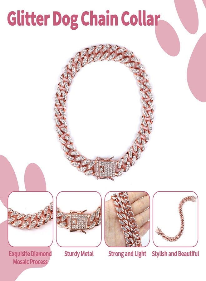 OXDFK Cuban Dog Chain Collars, Rose Gold Crystal Pet Necklace, Metal Pet Necklace with Safety Buckle Lock, for Small Medium Large Dogs Cats (12 Inch) - Image 4