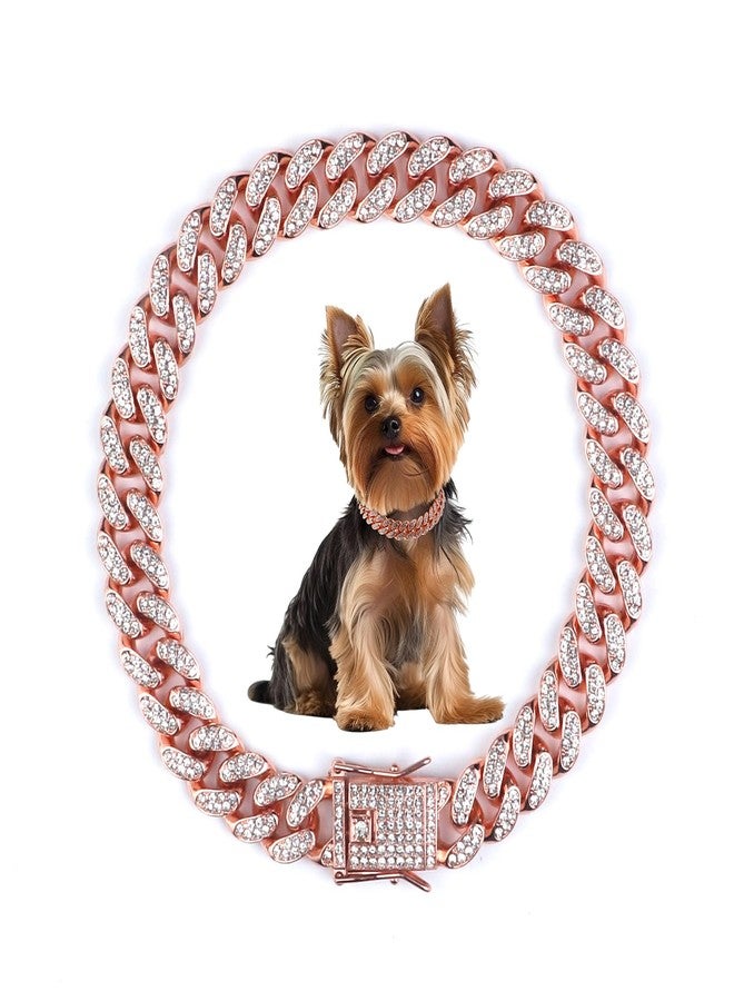 OXDFK Cuban Dog Chain Collars, Rose Gold Crystal Pet Necklace, Metal Pet Necklace with Safety Buckle Lock, for Small Medium Large Dogs Cats (12 Inch) - Image 1