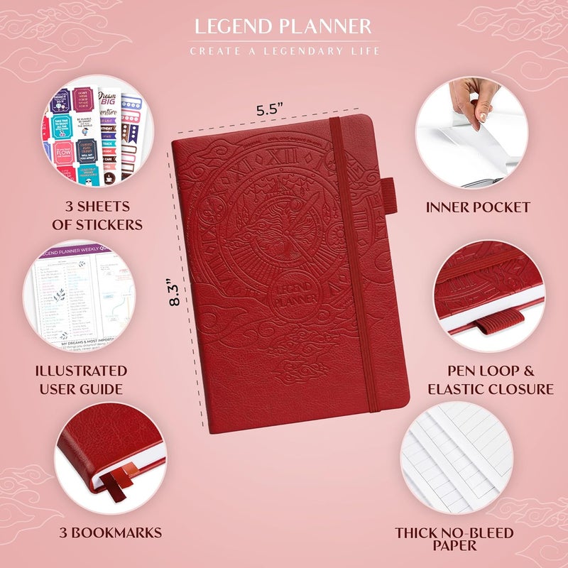 Legend Planner – مخطط أسبوعي وشهري فاخر لتحقيق أهدافك والعيش بسعادة أكبر. دفتر تنظيم ومفكرة إنتاجية. غلاف مقوى A5، غير مؤرخ – ابدأ في أي وقت + ملصقات – أحمر - Image 2