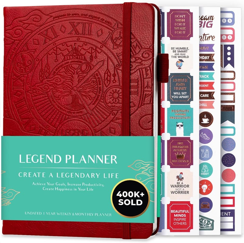 Legend Planner – مخطط أسبوعي وشهري فاخر لتحقيق أهدافك والعيش بسعادة أكبر. دفتر تنظيم ومفكرة إنتاجية. غلاف مقوى A5، غير مؤرخ – ابدأ في أي وقت + ملصقات – أحمر - Image 1