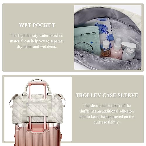 HYC00 Travel Duffel Bag,Sports Tote Gym Bag,Shoulder Weekender Overnight Bag for Women,Quilted-Beige - Image 5