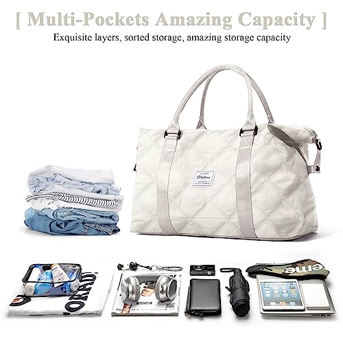 HYC00 Travel Duffel Bag,Sports Tote Gym Bag,Shoulder Weekender Overnight Bag for Women,Quilted-Beige - Image 2