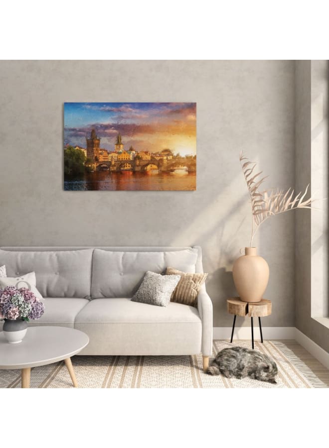 هوم جاليري لوحة فنية جدارية من القماش، منظر طبيعي مع انعكاس جسر تشارلز في النهر، 120×80 - Image 5