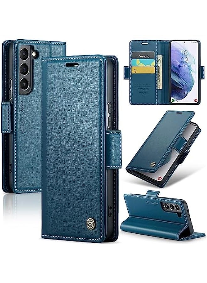 RFID Blocking Case for Samsung Galaxy S21 Plus - Durable Leather Flip Case with Card Holder, Kickstand, and Magnetic Closure (Blue) - Image 1
