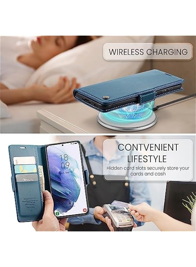 RFID Blocking Case for Samsung Galaxy S21 Plus - Durable Leather Flip Case with Card Holder, Kickstand, and Magnetic Closure (Blue) - Image 5