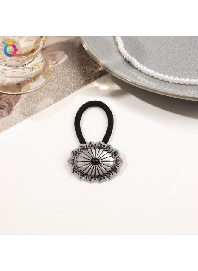 JAKTK 8-piece set of women's retro hair bands, ancient silver button hair bands with six-leaf flowers, ellipse flowers, hearts and other patterns, women's high-elastic retro hair bands, hair bands and hair accessories - Image 4