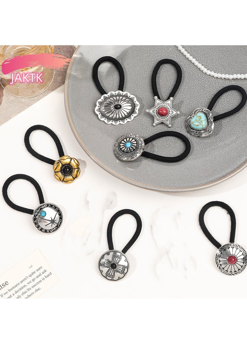 JAKTK 8-piece set of women's retro hair bands, ancient silver button hair bands with six-leaf flowers, ellipse flowers, hearts and other patterns, women's high-elastic retro hair bands, hair bands and hair accessories - Image 1