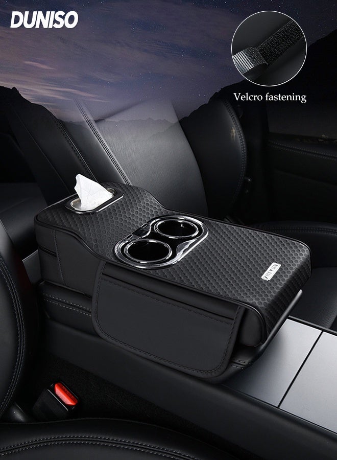 DUNISO 4 IN 1 Car Center Console Cover Multifunctional Car Armrest Cover Heighten Car Central Control Armrest Multifunctional Car Armrest Cover Cushion Cup Holder Auto Center Console Armrest Pillow Comfortable Car Armrest Pads with Storage Grid Leather Armrest Heightening Pad for Most Vehicles, SUVs, Trucks, Cars - Image 1