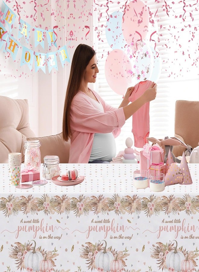 MEHOFOND 3 Pack Little Pumpkin Tablecloth, Disposable Plastic Boho Fall Baby Shower Table Cloth Rectangle 54x108 inch, PinkTable Cover for Girl Shower Party Favors Table Decor Supplies - Image 3