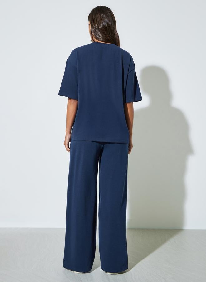 Styli Dark Blue Front Pocket Oversized T-Shirt and Wide Leg Joggers Set - Image 3