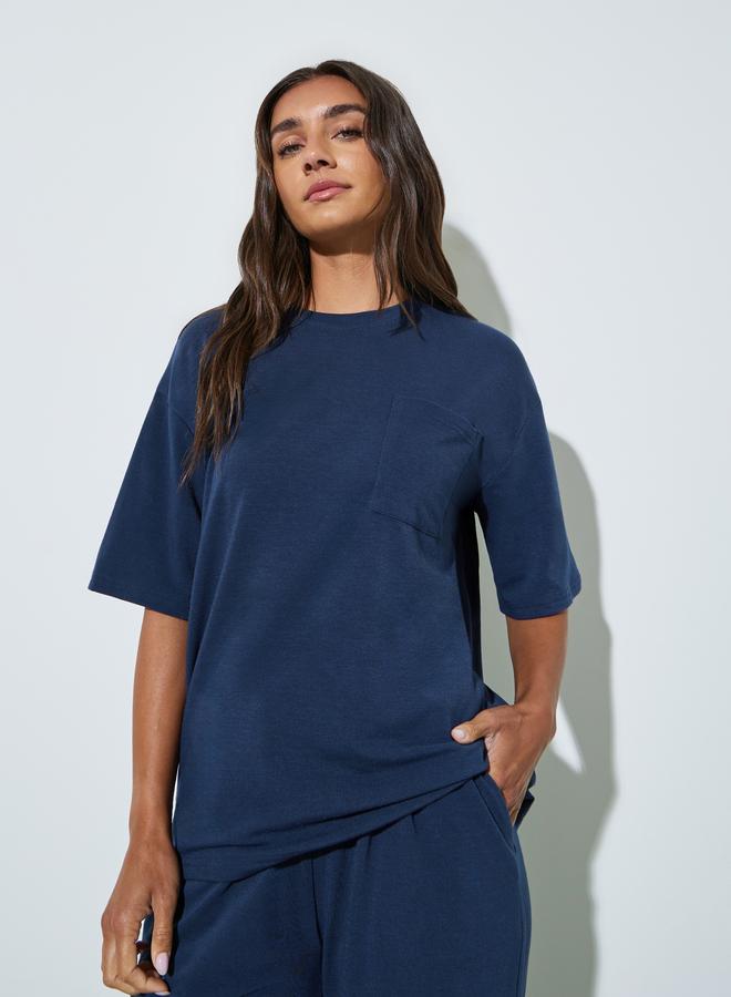 Styli Dark Blue Front Pocket Oversized T-Shirt and Wide Leg Joggers Set - Image 2