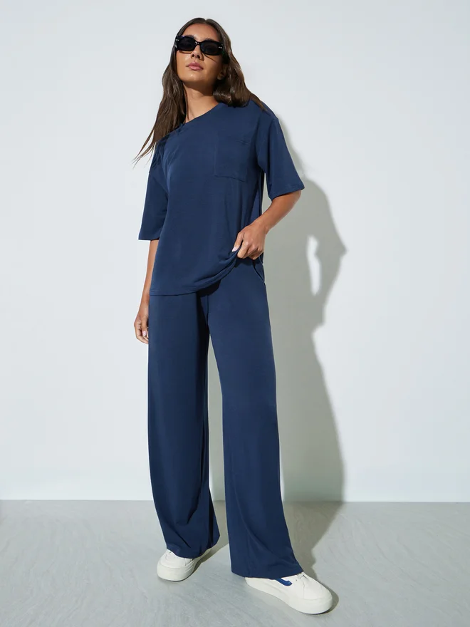 Styli Styli Dark Blue Front Pocket Oversized T-Shirt and Wide Leg Joggers Set