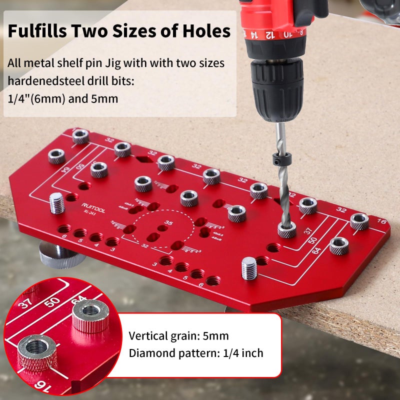 RUITOOL Shelf Pin Jig and Hinge Jig Two-in-One, Self-contained Clamping Function All Metal Shelf Pin Drilling Jig with 1/4" and 5mm Drill Bits, Shelf and Cabinet Hardware Jig Tool Drill Guide - Image 4