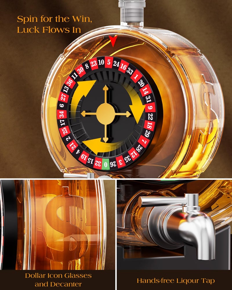 Kollea Roulette Whiskey Decanter Set, 60.9 Oz Casino-Style Slot Decanter with 4 Dollar Glasses, New Year Birthday Gifts for Men Dad, Him, Liquor Dispenser for Anniversary, Bar, Poker Night, Men Cave - Image 2