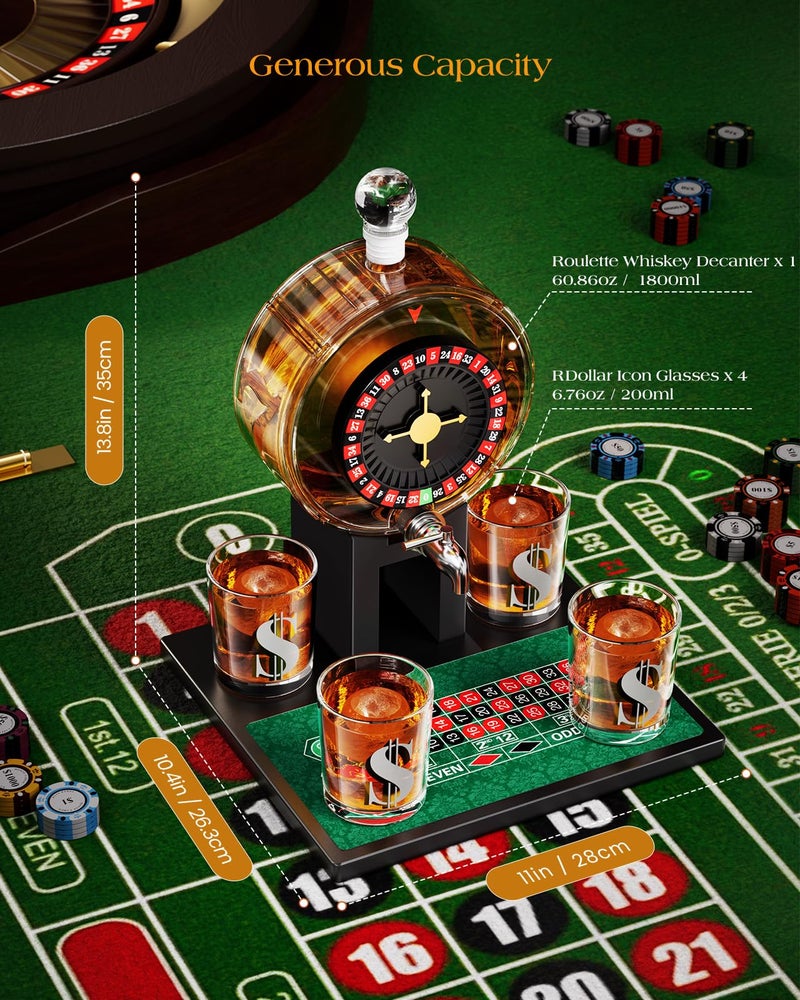 Kollea Roulette Whiskey Decanter Set, 60.9 Oz Casino-Style Slot Decanter with 4 Dollar Glasses, New Year Birthday Gifts for Men Dad, Him, Liquor Dispenser for Anniversary, Bar, Poker Night, Men Cave - Image 5