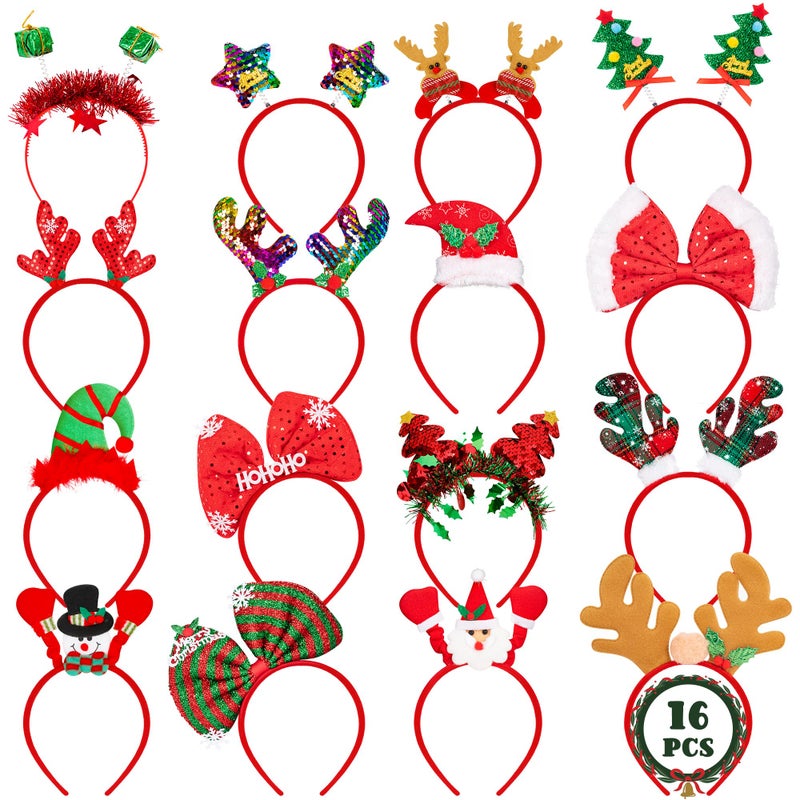 HOVACY 16 PCS Christmas Headbands 16 Styles Red Xmas Headpieces Cute Holiday Bow Tie Hair Bands Felt Elf Hat Santa Hat Headwear for Christmas Party Supplies Accessories - Image 3