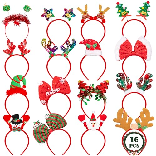 HOVACY 16 PCS Christmas Headbands 16 Styles Red Xmas Headpieces Cute Holiday Bow Tie Hair Bands Felt Elf Hat Santa Hat Headwear for Christmas Party Supplies Accessories - Image 1