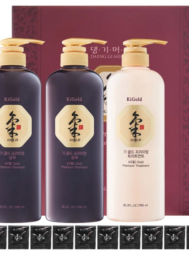 DAENG GI MEO RI - Ki Gold Premium 2 Shampoo 780ml + 1 Treatment 780ml + 10 Traveling Pouch Samples 10ml Set, Samples may vary. - Image 1