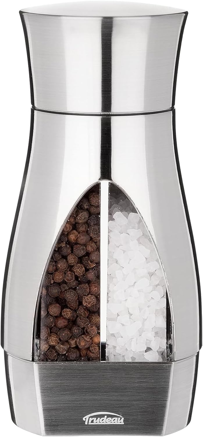 Trudeau Stainless Steel Manual 2in1 Salt and Pepper Mill  75Inch SpaceSaving Grinder with Durable Carbon Steel Pepper Grinder and RustProof Ceramic Salt Grinder  Adjustable Grind Settings - Image 1