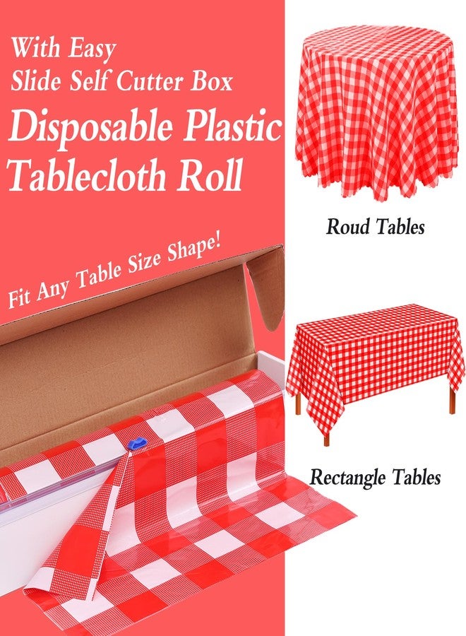 Kesfey Red Gingham Plastic Tablecloth Roll 54 inch X 120ft Red Checkered Disposable Plastic Table Cover Rolls with Easy Slide Self Cutter Box- Cut to Any Size Disposable Tablecloth for Picnic Party - Image 2