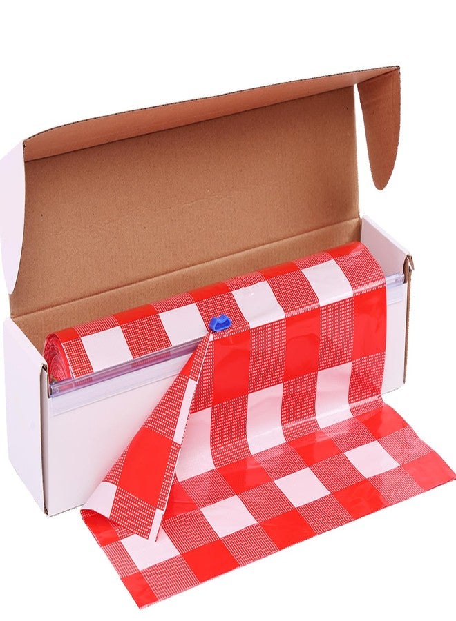 Kesfey Red Gingham Plastic Tablecloth Roll 54 inch X 120ft Red Checkered Disposable Plastic Table Cover Rolls with Easy Slide Self Cutter Box- Cut to Any Size Disposable Tablecloth for Picnic Party - Image 1