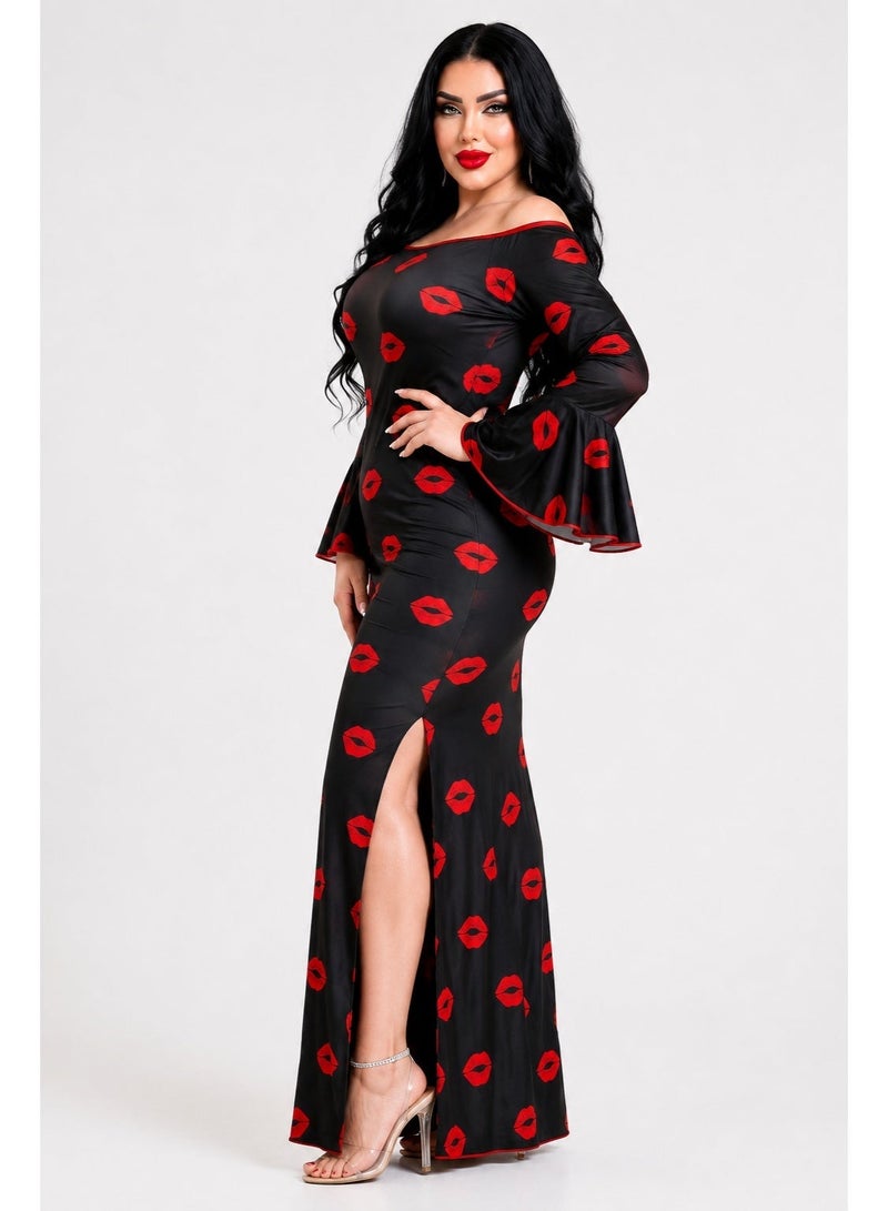 Women Lingerie Sheer Dance Jalabiya Off Shoulder Long Lip Print with Side Slits and Flare Sleeves - Code 901 - Image 2