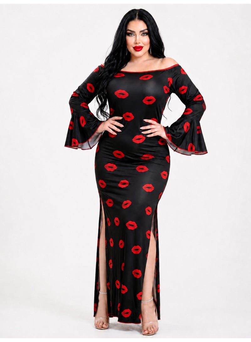 Women Lingerie Sheer Dance Jalabiya Off Shoulder Long Lip Print with Side Slits and Flare Sleeves - Code 901 - Image 1