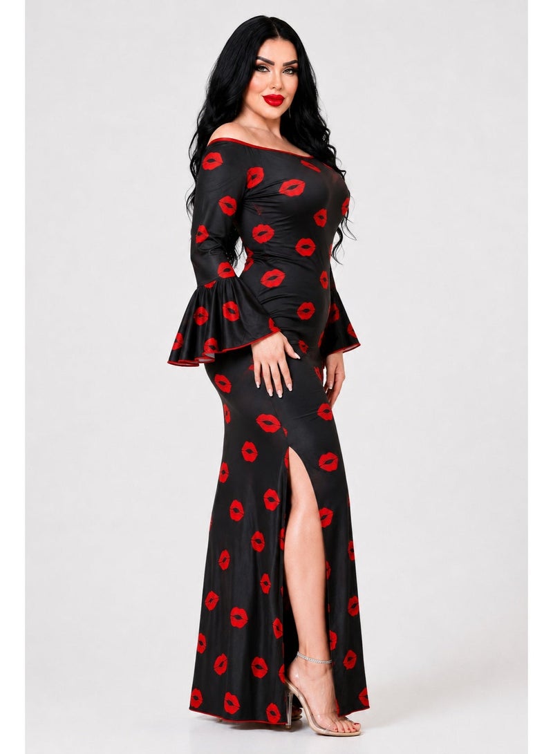 Women Lingerie Sheer Dance Jalabiya Off Shoulder Long Lip Print with Side Slits and Flare Sleeves - Code 901 - Image 3