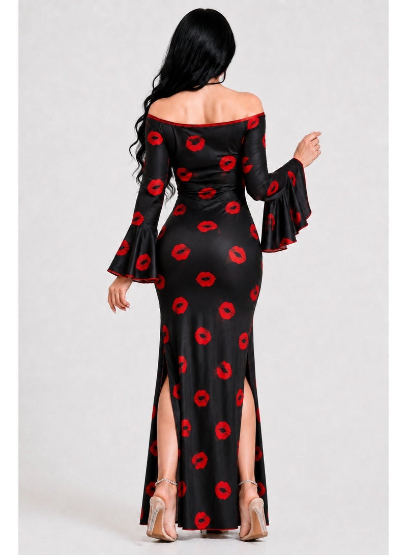 Women Lingerie Sheer Dance Jalabiya Off Shoulder Long Lip Print with Side Slits and Flare Sleeves - Code 901 - Image 4