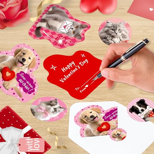 DMHG 28 Pack Pet Cat & Dog Charm Valentine's Card & Keychains Set for Kids School Classroom Exchange Gift Boys Girls Party Favors (28 Cards,28 Keychains,28 Envelopes, 42 Stickers) - Image 4
