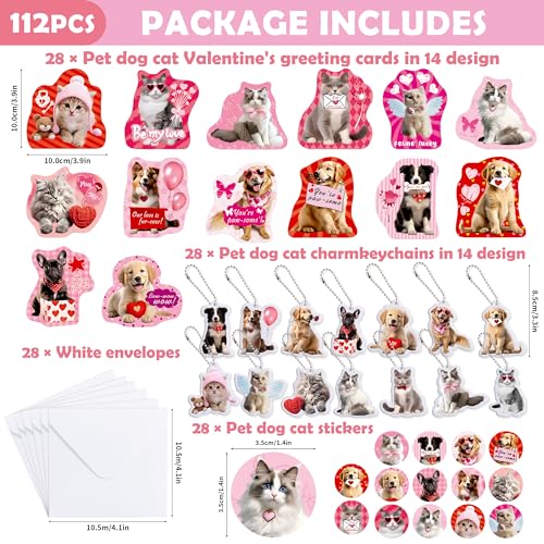 DMHG 28 Pack Pet Cat & Dog Charm Valentine's Card & Keychains Set for Kids School Classroom Exchange Gift Boys Girls Party Favors (28 Cards,28 Keychains,28 Envelopes, 42 Stickers) - Image 2