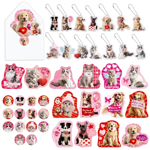 DMHG 28 Pack Pet Cat & Dog Charm Valentine's Card & Keychains Set for Kids School Classroom Exchange Gift Boys Girls Party Favors (28 Cards,28 Keychains,28 Envelopes, 42 Stickers) - Image 1