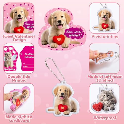 DMHG 28 Pack Pet Cat & Dog Charm Valentine's Card & Keychains Set for Kids School Classroom Exchange Gift Boys Girls Party Favors (28 Cards,28 Keychains,28 Envelopes, 42 Stickers) - Image 3