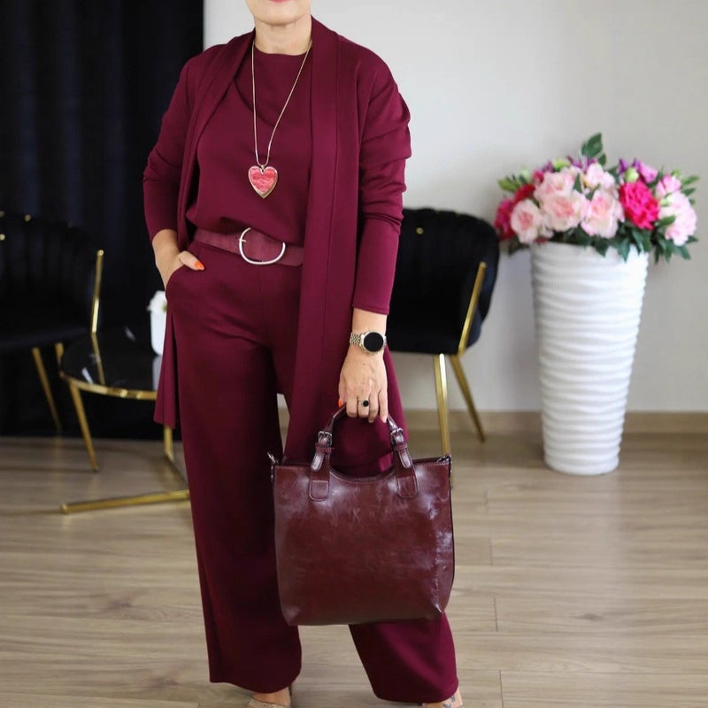 Women's Solid Color Tracksuit Set - Long Sleeve Top, Pants & Belt - Image 2