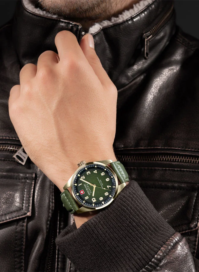 SWISS MILITARY HANOWA Greyhound Watch For Men With Olive Genuine Leather Pro Strap - 42 mm
