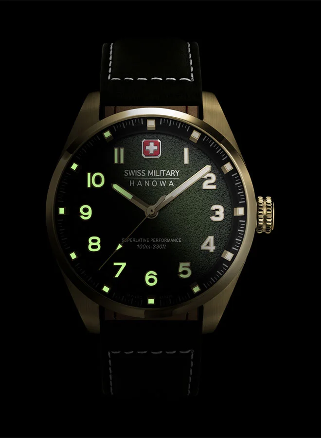 SWISS MILITARY HANOWA Greyhound Watch For Men With Olive Genuine Leather Pro Strap - 42 mm