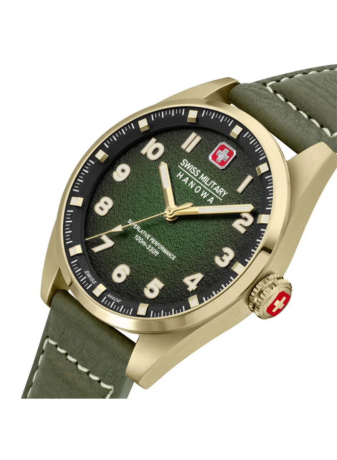 SWISS MILITARY HANOWA Greyhound Watch For Men With Olive Genuine Leather Pro Strap - 42 mm