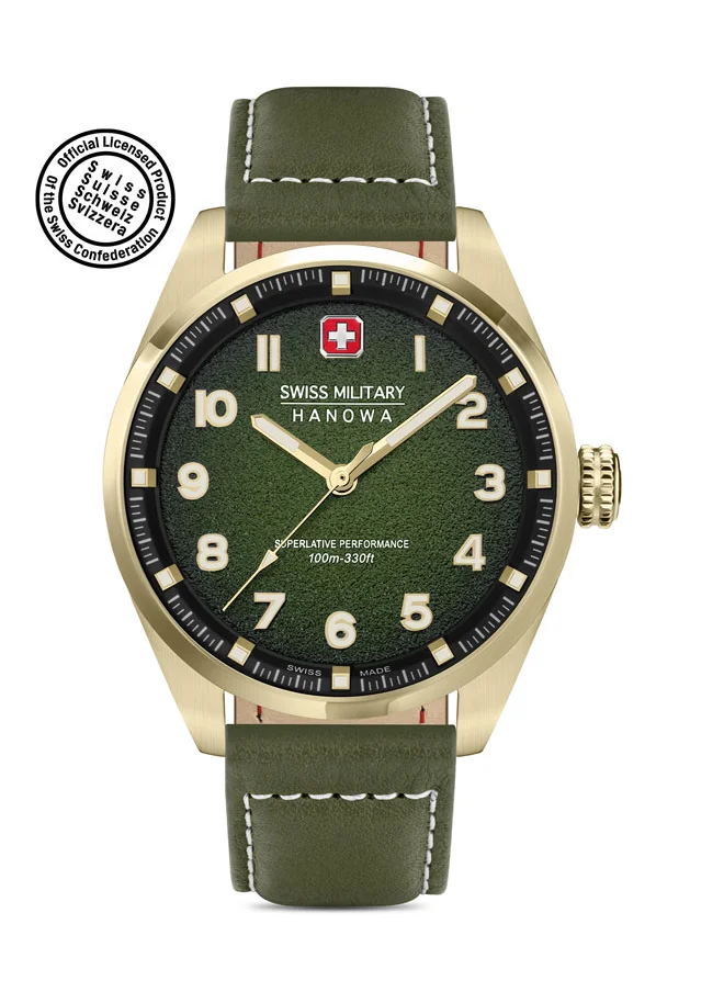 SWISS MILITARY HANOWA Greyhound Watch For Men With Olive Genuine Leather Pro Strap - 42 mm