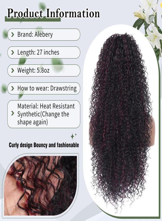 اليبيري وصلة ذيل حصان برباط من أليبيري بطول 27 بوصة للنساء ذوات البشرة السمراء، وصلة ذيل حصان مجعدة للغاية، مصنوعة من شعر صناعي ممزوج بشعر بشري، ذيل حصان مجعد أفريقي للاستخدام اليومي (لون عنابي فاتح). - Image 3