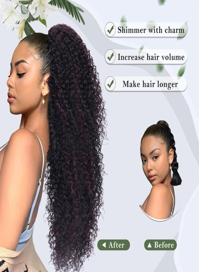 اليبيري وصلة ذيل حصان برباط من أليبيري بطول 27 بوصة للنساء ذوات البشرة السمراء، وصلة ذيل حصان مجعدة للغاية، مصنوعة من شعر صناعي ممزوج بشعر بشري، ذيل حصان مجعد أفريقي للاستخدام اليومي (لون عنابي فاتح). - Image 2