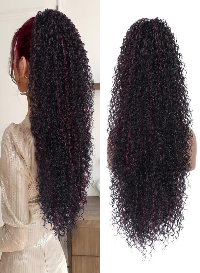 اليبيري وصلة ذيل حصان برباط من أليبيري بطول 27 بوصة للنساء ذوات البشرة السمراء، وصلة ذيل حصان مجعدة للغاية، مصنوعة من شعر صناعي ممزوج بشعر بشري، ذيل حصان مجعد أفريقي للاستخدام اليومي (لون عنابي فاتح). - Image 1