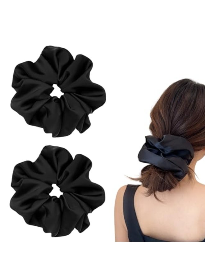 PIDOUDOU 2 Pieces Jumbo Satin Silk Scrunchies for Women 75 Inches Large Oversize Scrunchies For Thick Hair Ties Hair Ornament 2 Black - Image 1