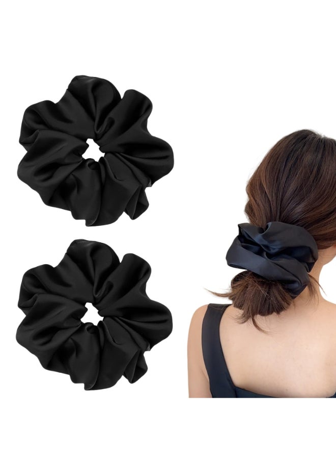 PIDOUDOU 2 Pieces Jumbo Satin Silk Scrunchies for Women 75 Inches Large Oversize Scrunchies For Thick Hair Ties Hair Ornament 2 Black - Image 2